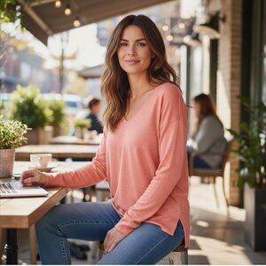 Lilly Pulitzer Taryn Sweater‎ Peachy Pink 100% Linen V Neck Long Sleeve XS